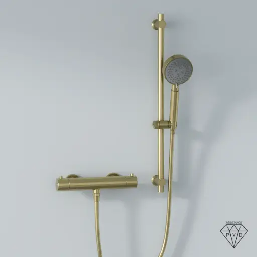 Robinet mitigeur thermostatique de douche doré brossé avec barre et douchette ronde, Châtelet III