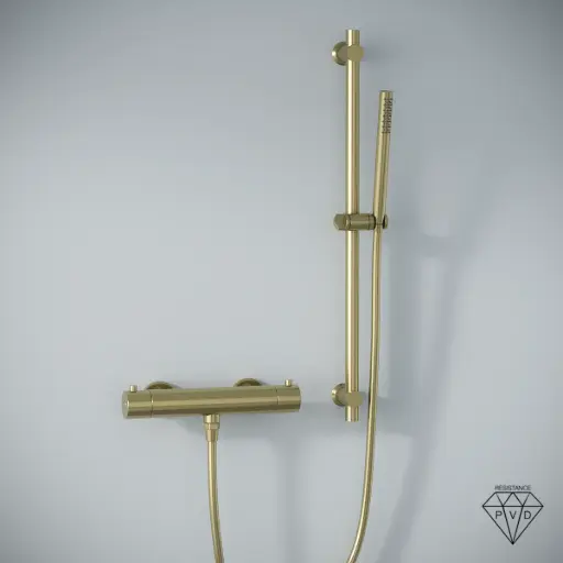 Robinet mitigeur thermostatique de douche doré brossé avec barre et douchette tube, Châtelet III