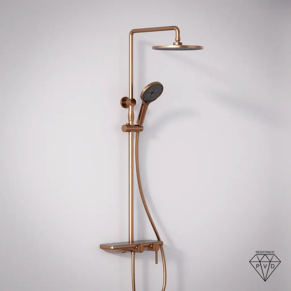 Colonne de douche ou bain douche, avec mitigeur mécanique, 3 voies, plaque verre miroir, Copper brossé, Iéna