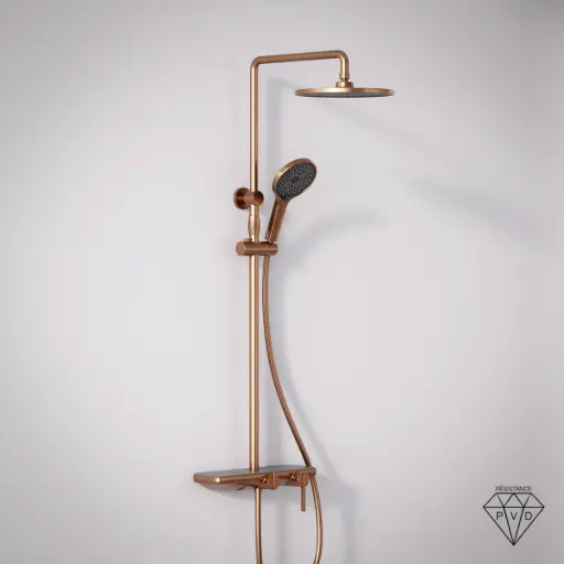 Colonne de douche ou bain douche, avec mitigeur mécanique, 3 voies, plaque verre miroir, Copper brossé, Iéna