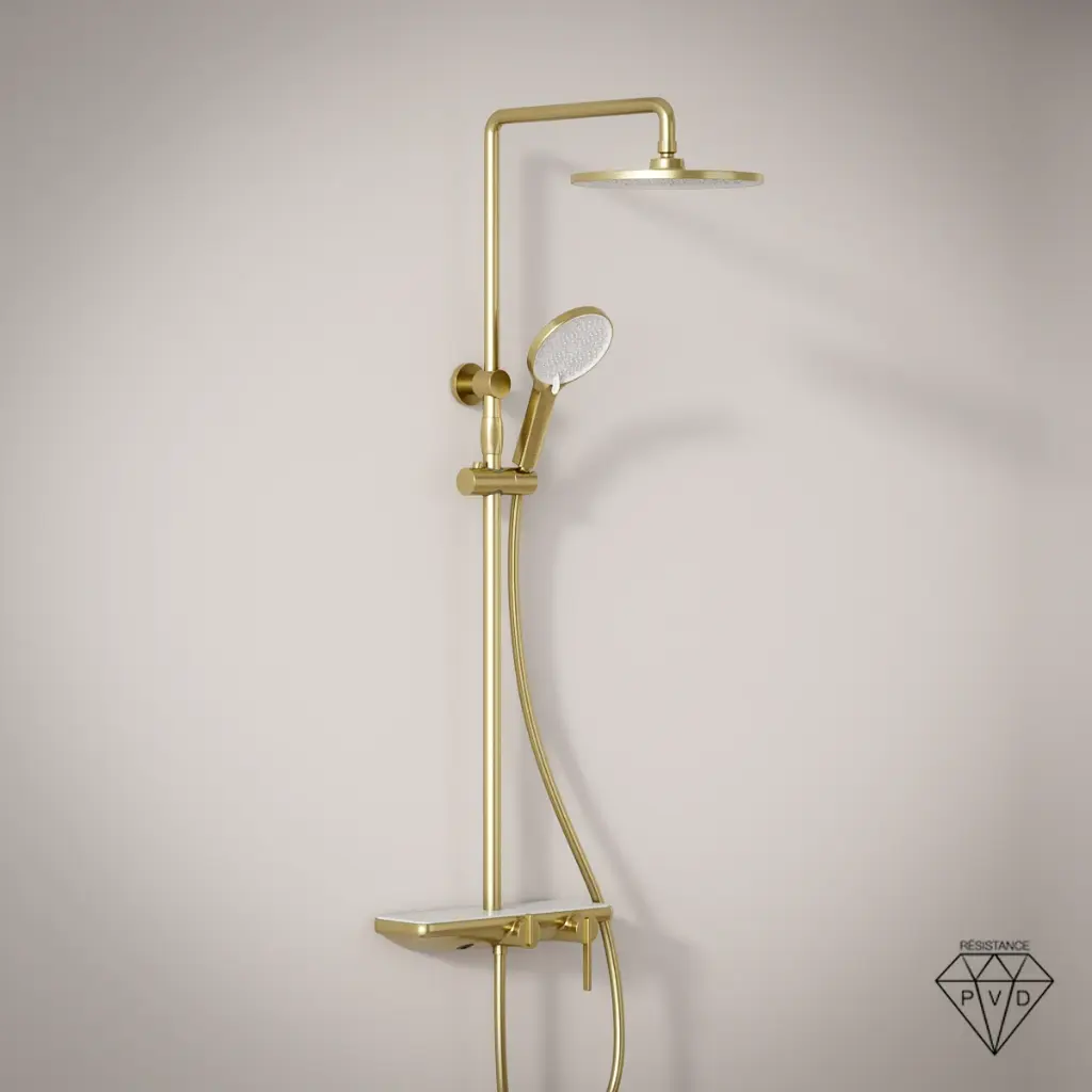 Colonne de douche ou bain douche, avec mitigeur mécanique, 3 voies, plaque verre miroir, Doré brossé, Iéna