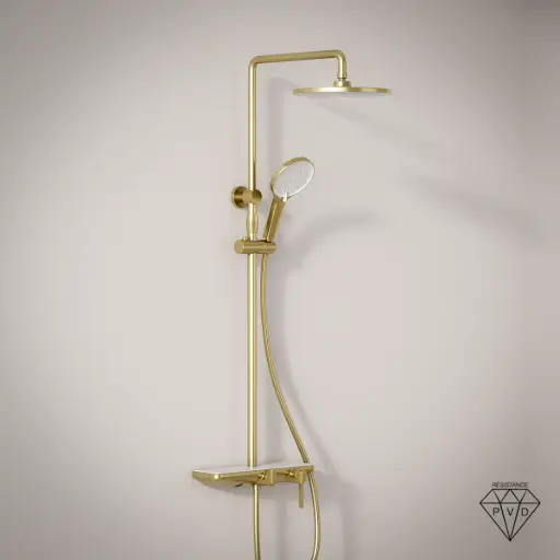 Colonne de douche ou bain douche, avec mitigeur mécanique, 3 voies, plaque verre miroir, Doré brossé, Iéna