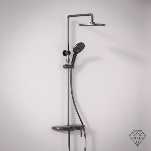 Colonne de douche ou bain douche, avec mitigeur mécanique, 3 voies, plaque verre miroir, gun métal brossé, Iéna 