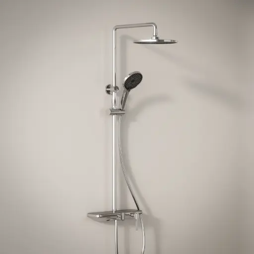 Colonne de douche ou bain douche, avec mitigeur mécanique, 3 voies, plaque verre miroir, chrome, Iéna  