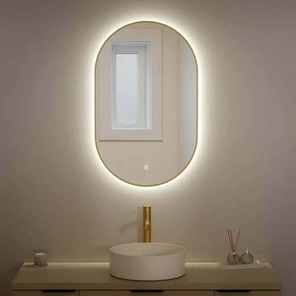 Miroir 50x80 avec éclairage led, anti-buée, bord fin doré brossé, Oblong 