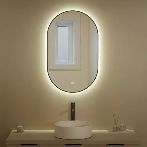 Miroir 50x80 avec éclairage led, anti-buée, bord fin noir mat, Oblong  