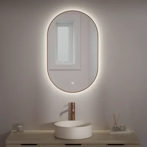 Miroir 50x80 avec éclairage led, anti-buée, bord fin or rose mat, Oblong   