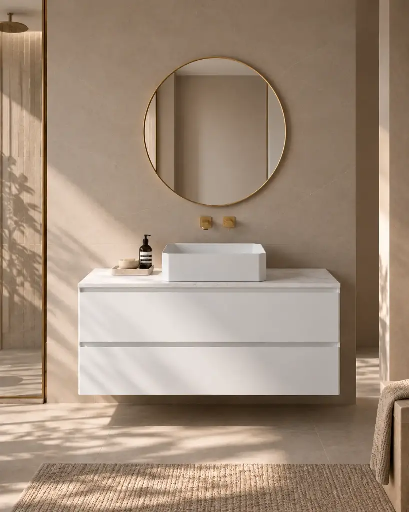 Meuble suspendu 120cm, 2 tiroirs, blanc mat, et plan marbre véritable, One