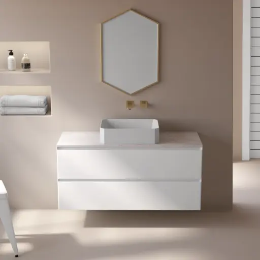 Meuble suspendu 120cm, 2 tiroirs, blanc mat, et plan marbre véritable, One