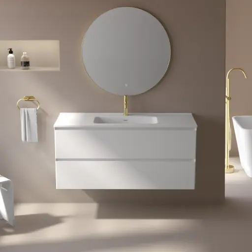 Meuble suspendu 120cm, 2 tiroirs, blanc mat, et plan vasque céramique blanc mat, One 