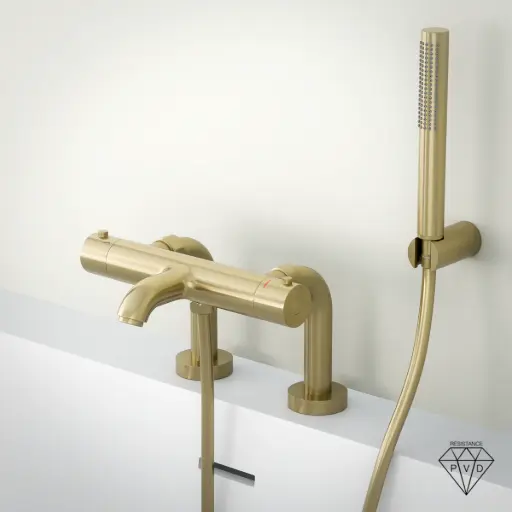 Mitigeur thermostatique bain-douche, doré brossé, avec colonnettes, Châtelet