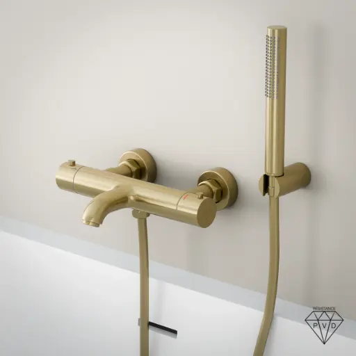 Mitigeur thermostatique bain-douche, doré brossé, avec prolongateur 30mm, Châtelet 