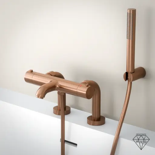 Mitigeur thermostatique bain-douche, doré rose brossé, avec colonnettes, Châtelet     