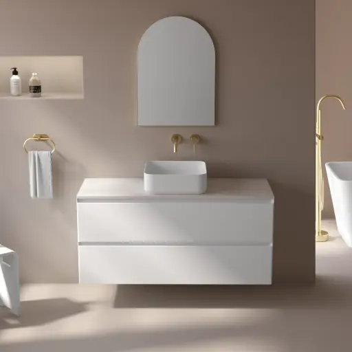 Meuble suspendu 120cm, 2 tiroirs, blanc mat, et plan terrazzo, One 