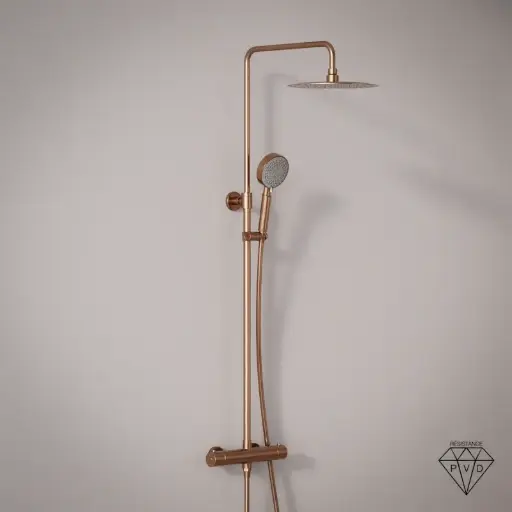 Colonne de douche avec mitigeur thermostatique, Ø25cm, douchette ronde 3 voies, doré rose brossé, Chatelet 