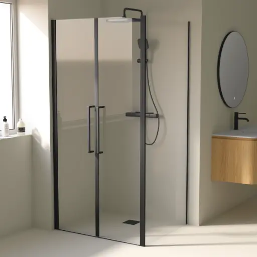 Cabine de douche saloon, sur-mesure de 58 à 95,5 cm avec retour fixe Noir brossé, Regia  
