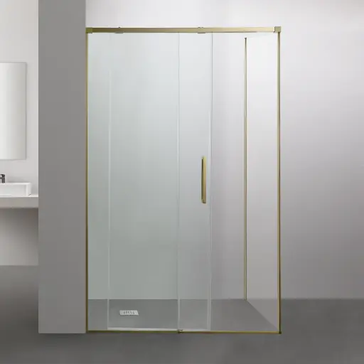 Cabine de douche coulissante softclose, 95 à 180cm, avec retour fixe d'angle 70/80/90/100cm, Doré brossé, Porta