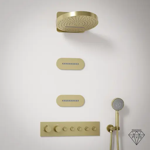 Douche thermostatique, ciel de douche ronde et buses, doré brossé Châtelet