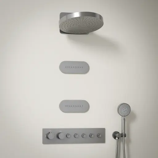 Douche thermostatique, ciel de douche ronde et buses, inox brossé Châtelet 