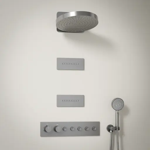 Douche thermostatique, ciel de douche cascade et pluie avec buses hydromassantes, inox brossé Châtelet