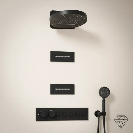 Douche thermostatique, ciel de douche cascade et pluie avec buses hydromassantes, noir brossé Châtelet
