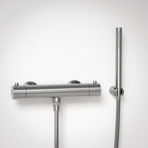Robinet mitigeur thermostatique de douche, douchette tube, inox brossé, Chatelet