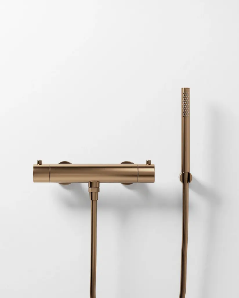 Robinet mitigeur thermostatique de douche, douchette tube, doré rose brossé, Chatelet 