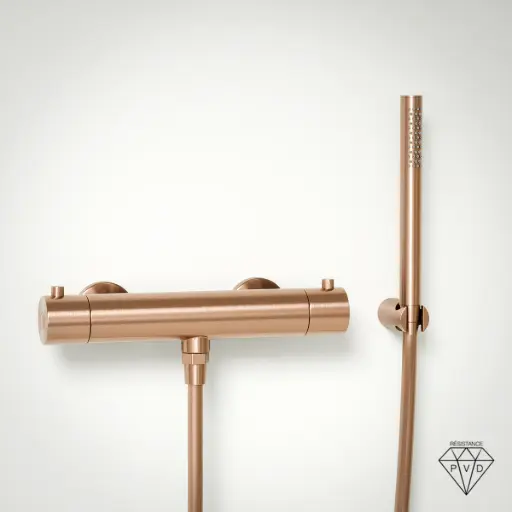 Robinet mitigeur thermostatique de douche, douchette tube, doré rose brossé, Chatelet 