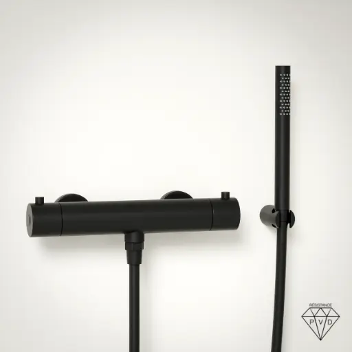 Robinet mitigeur thermostatique de douche, douchette tube, noir brossé, Chatelet
