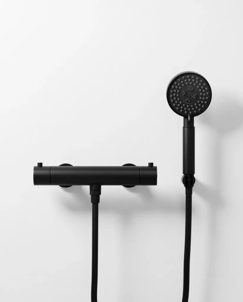 Robinet mitigeur thermostatique de douche, douchette ronde, noir brossé, Chatelet