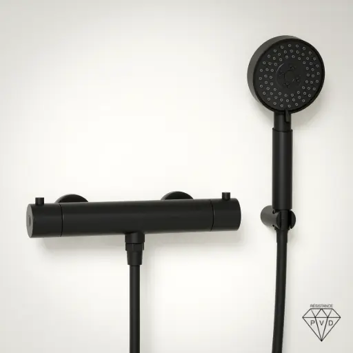 Robinet mitigeur thermostatique de douche, douchette ronde, noir brossé, Chatelet