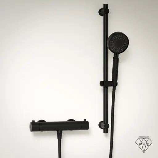 Robinet mitigeur thermostatique de douche, avec barre, douchette ronde, noir brossé, Chatelet