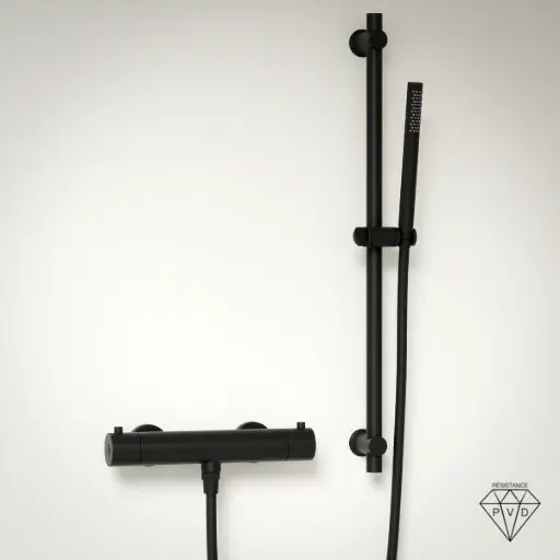 Robinet mitigeur thermostatique de douche, avec barre, douchette tube, noir brossé, Chatelet