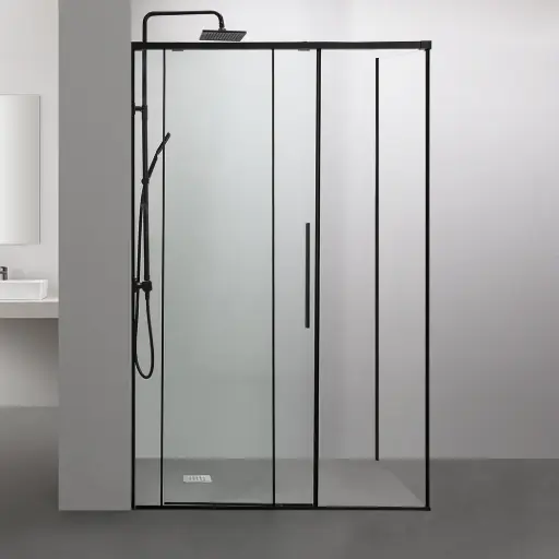Cabine de douche coulissante softclose, 95 à 180cm, avec retour fixe d'angle 70/80/90/100cm, Noir mat, Porta 