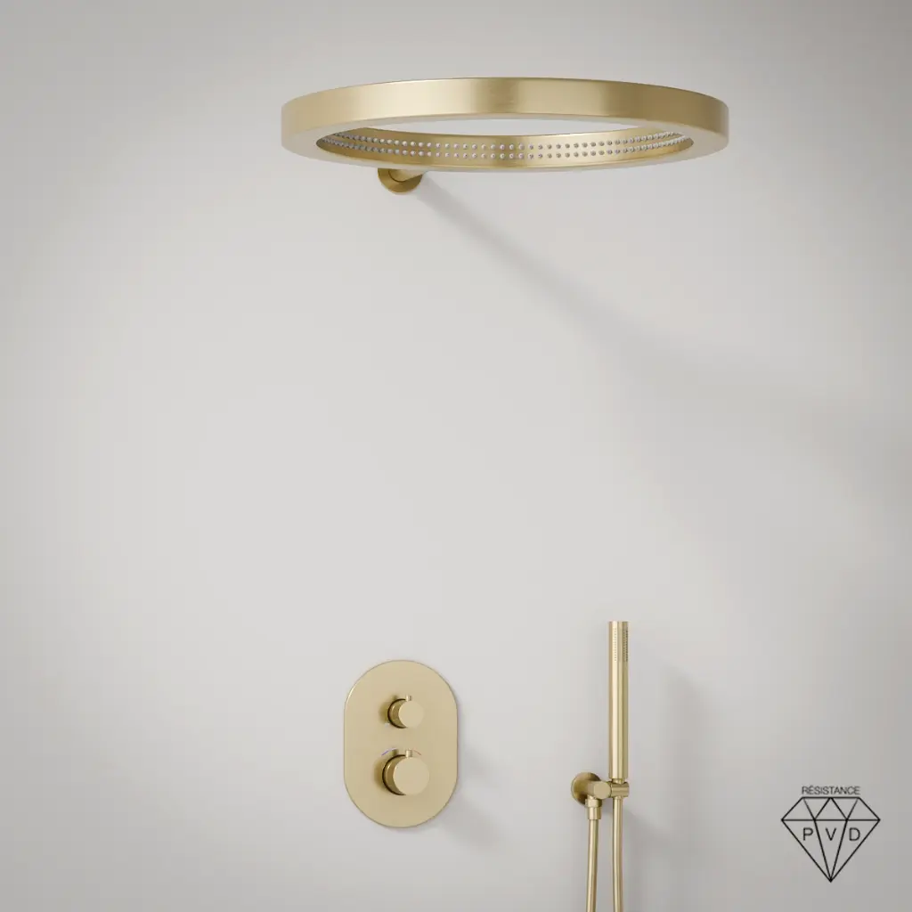 Composition mitigeur de douche thermostatique encastré doré brossé, pomme de tête ouverte, Châtelet
