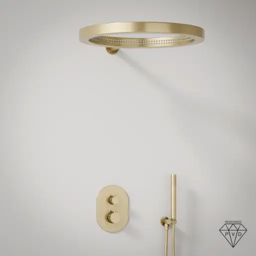 Composition mitigeur de douche thermostatique encastré doré brossé, pomme de tête ouverte, Châtelet