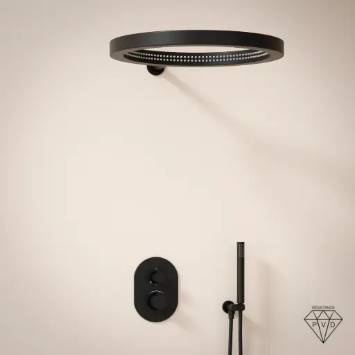Composition mitigeur de douche thermostatique encastré noir mat, pomme de tête ouverte, Châtelet 