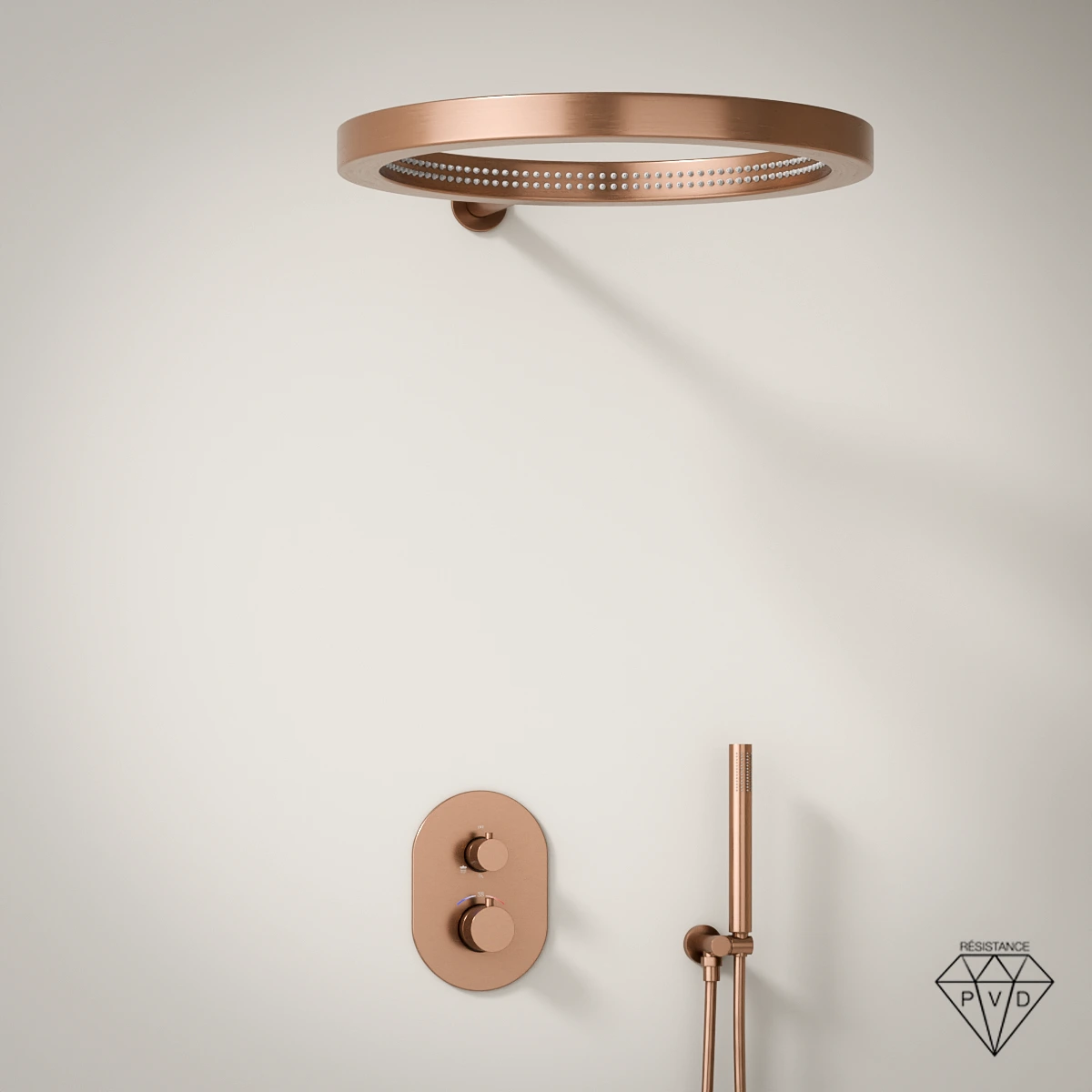 Composition mitigeur de douche thermostatique encastré doré rose brossé, pomme de tête ouverte, Châtelet 