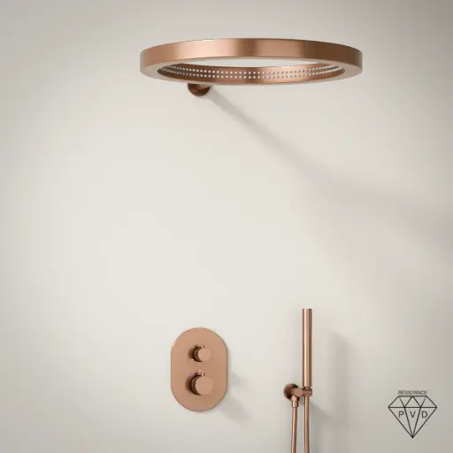 Composition mitigeur de douche thermostatique encastré doré rose brossé, pomme de tête ouverte, Châtelet 