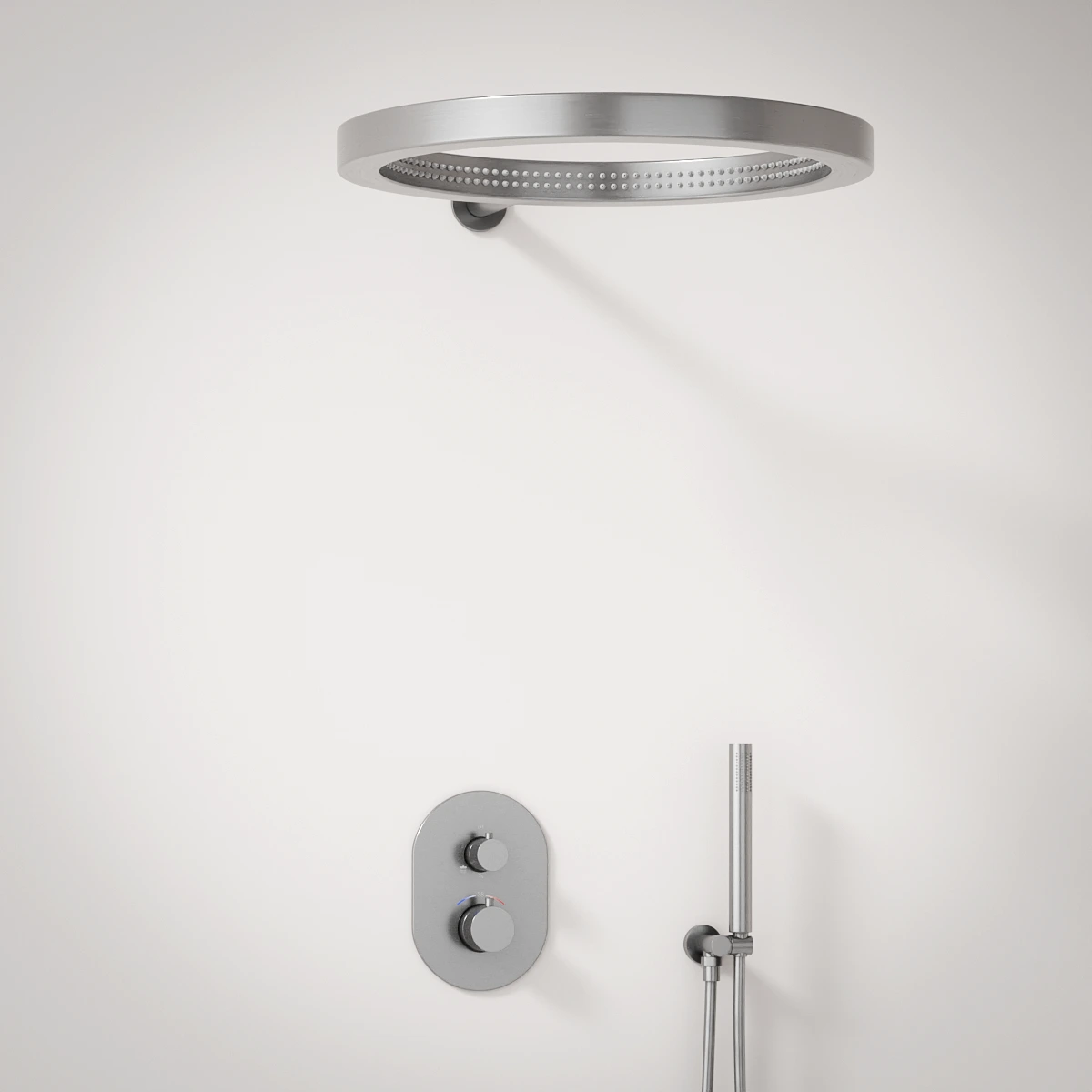 Composition mitigeur de douche thermostatique encastré inox brossé, pomme de tête ouverte, Châtelet  