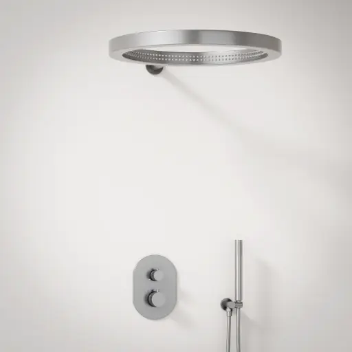 Composition mitigeur de douche thermostatique encastré inox brossé, pomme de tête ouverte, Châtelet  
