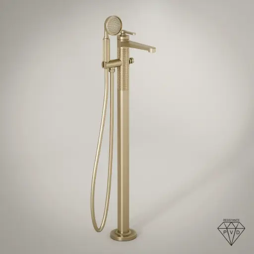 Robinet mitigeur de baignoire sur pied cannelé, doré brossé, César 1   