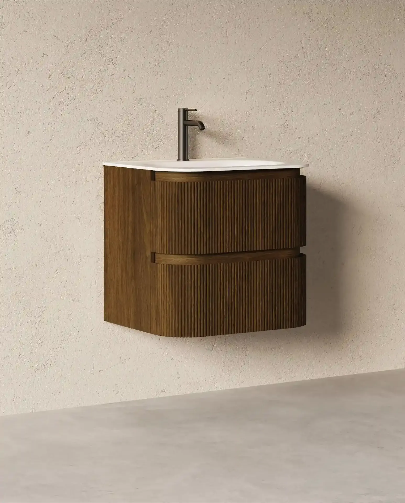 Meuble vasque 60x50cm, arrondi, résine minérale blanc mat, noyer, Alix 
