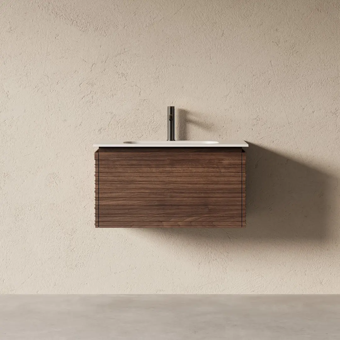 Meuble salle de bain simple vasque 80cm noyer cannelé - Orane 