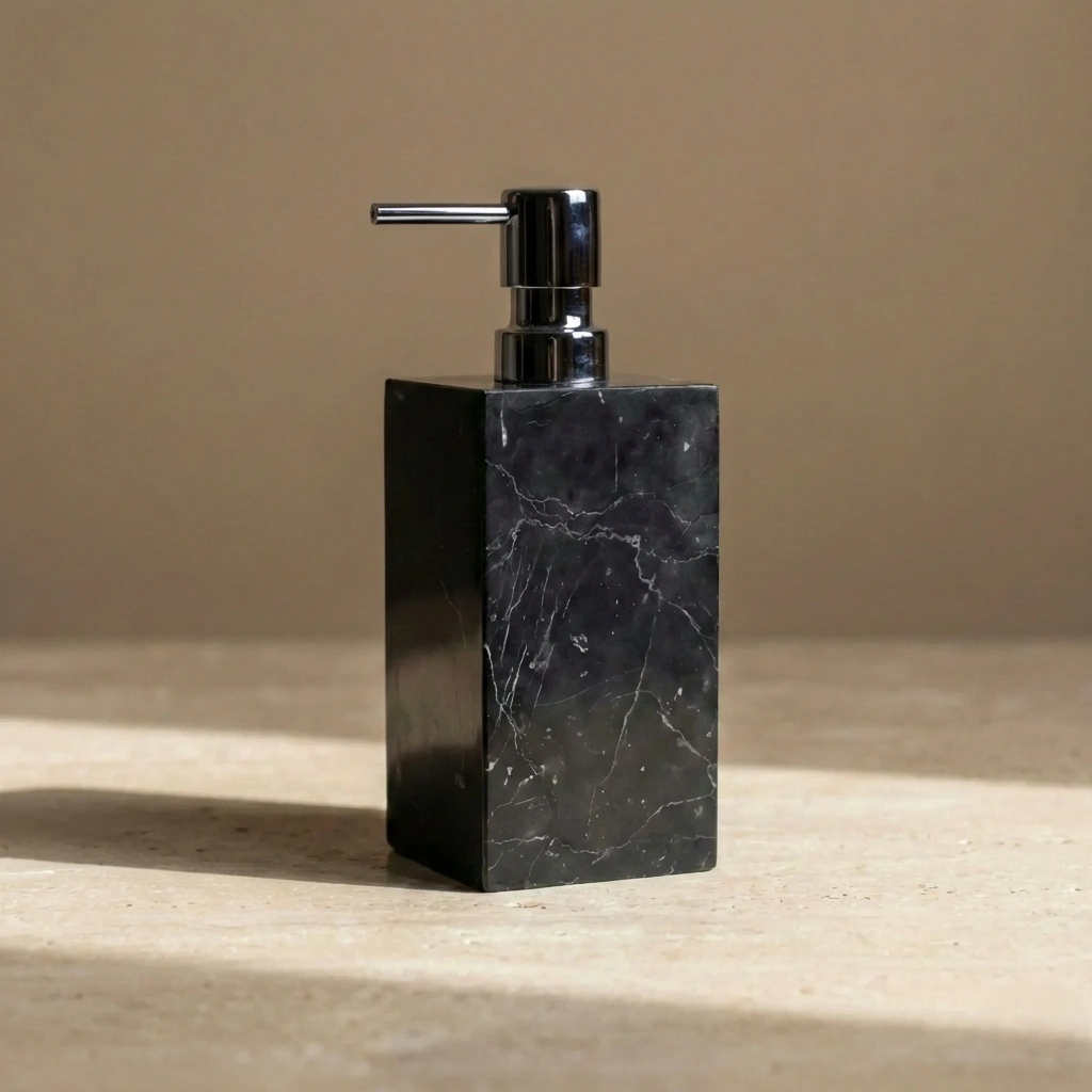 Distributeur Savon Carré Marbre Noir & Pompe Chromée 