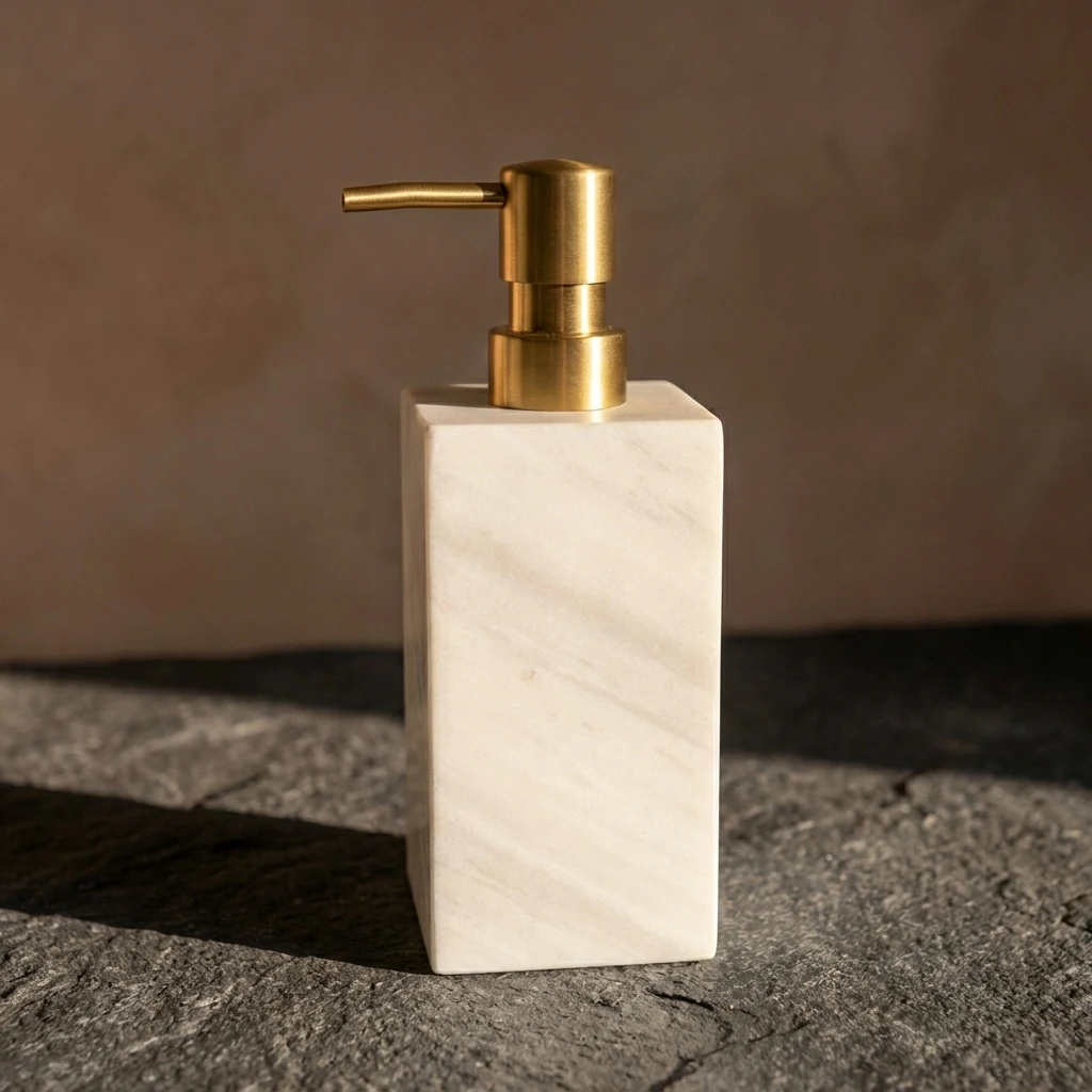 Distributeur de savon carré, marbre blanc & Pompe Dorée