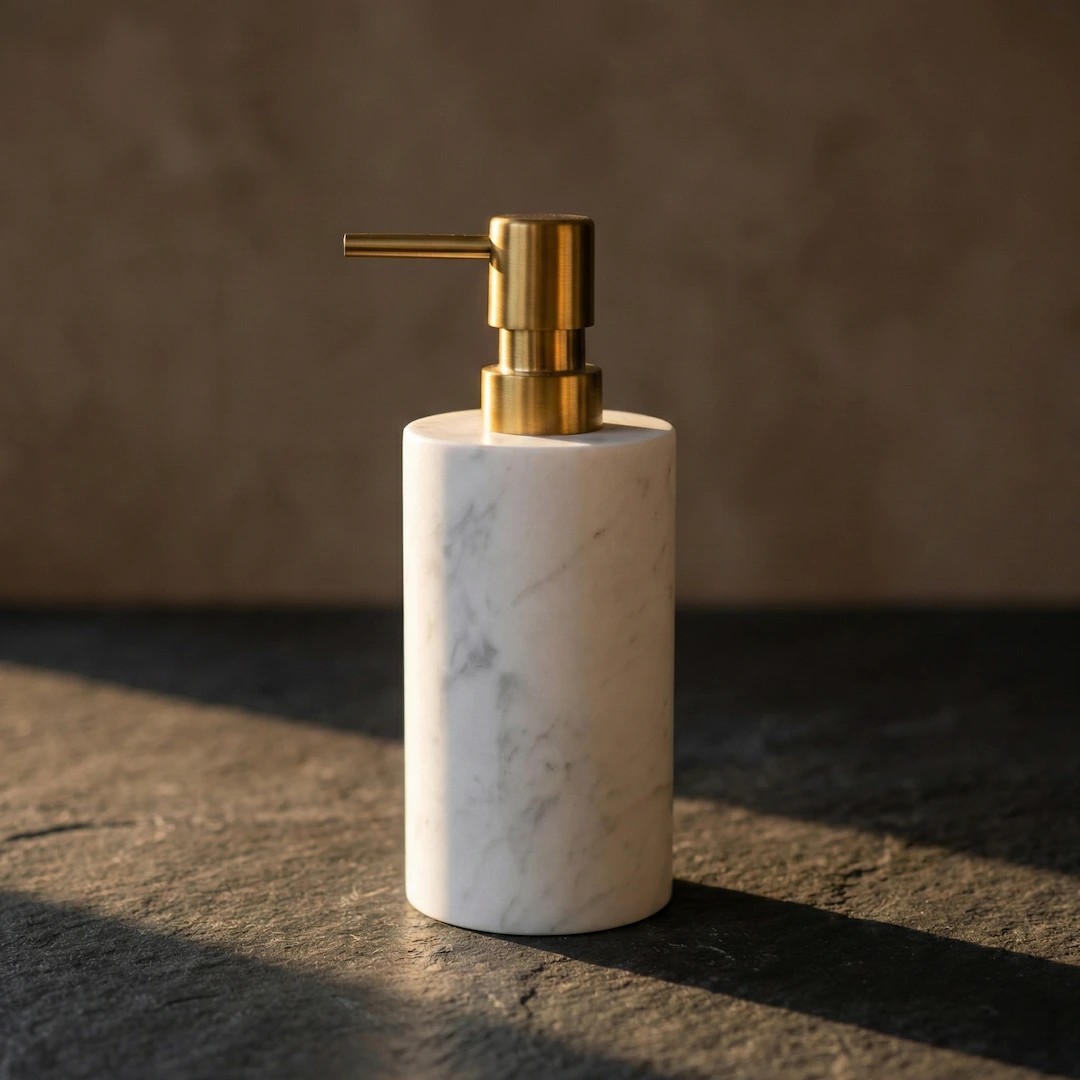 Distributeur De Savon Rond En Marbre blanc & Pompe Dorée