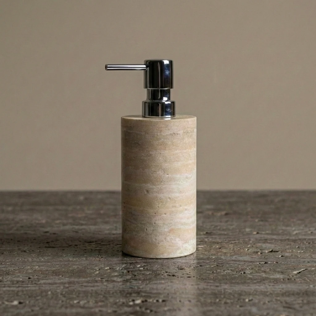 Distributeur de Savon Rond Travertin Beige & Pompe Chromée