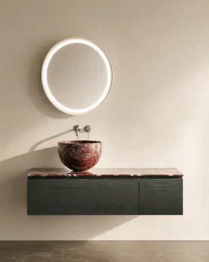 Meuble bois, 120cm avec plan et vasque à poser marbre, Houat   