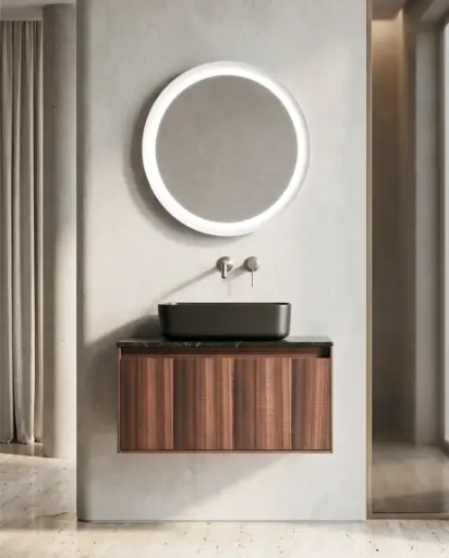 Meuble bois, 80cm avec plan marbre nero marquina et vasque noire mate, Molene